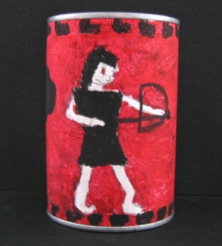 6th grade drawing of Greek goddess Artemis created using black and red oil pastels on paper and then attached to tin can 