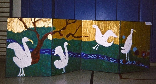 Chicago 2nd grader designed and created Japanese screens, left screen,  4 birds, tree, stream, gold sky and land