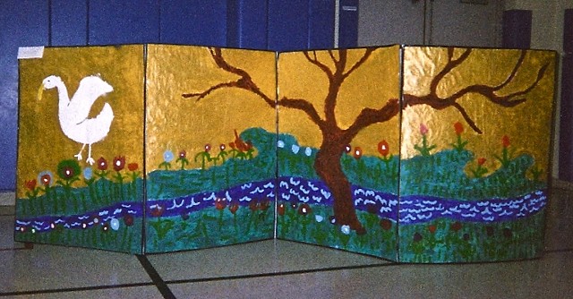 Chicago 2nd graders designed and created Japanese screens, right screen, bird, tree, stream, gold sky and land