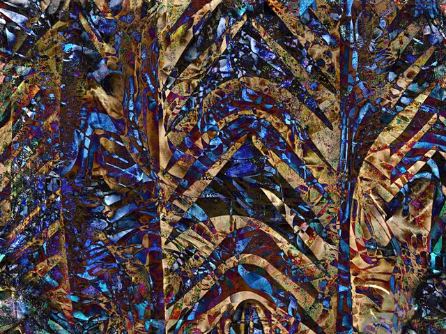 Computer art based off of digital altered photographs of New Ireland sculpture details and other digital altered photographs,