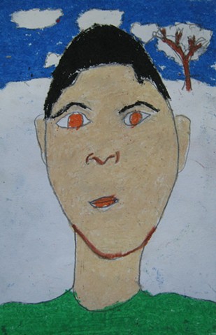 4th grade self-portrait with winter background. Oil pastel on paper