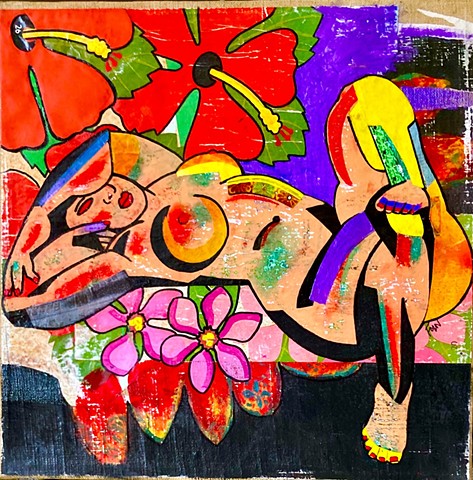 Collage decorative paper female nude as concubine surrounded by flowers. Bright colors. Nude woman.