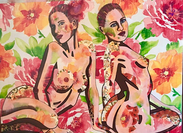 Two nude women on large floral motif fabric. Bright colors.