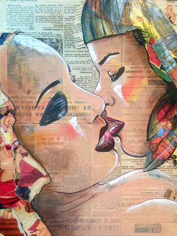 Portrait of two women kissing