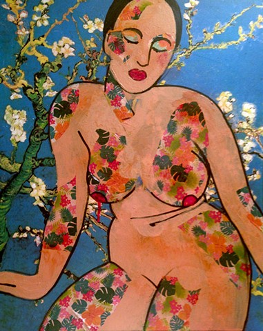 Nude portrait of woman with floral motif.