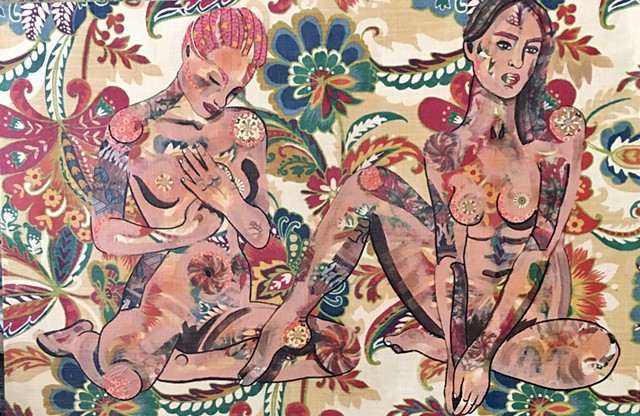 Two female nudes with floral overtones on body on floral fabric.