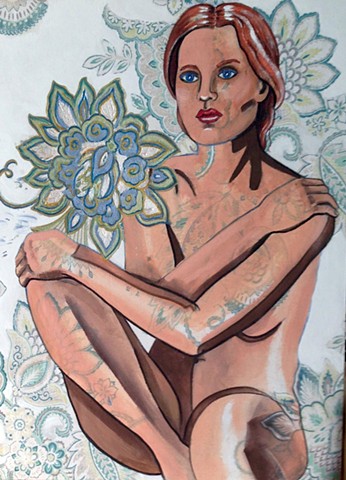 Portrait of nude woman with floral fabric background.