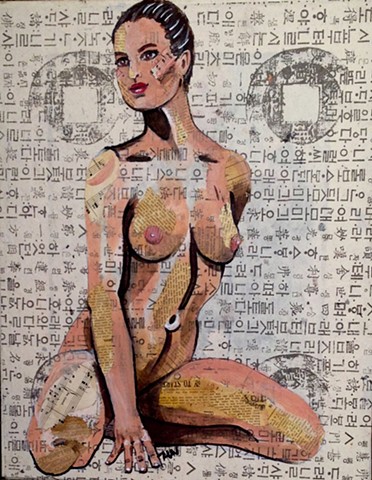 Portrait of a nude woman on hieroglyphic background