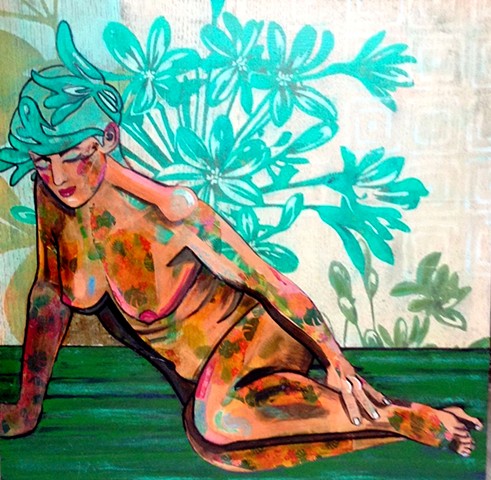 Semi Reclining Nude with Leaf-like hair and tree in backgroound.