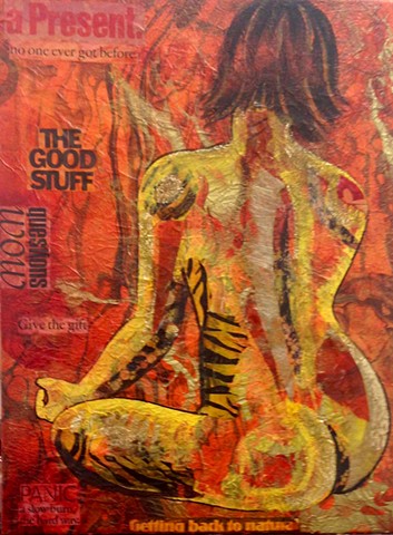 Back view nude woman with text in fire orange and red.