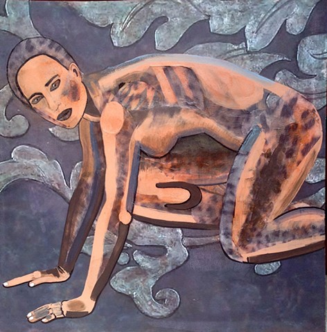 Portrait of a nude woman in the "starter" position for a race on grey background.