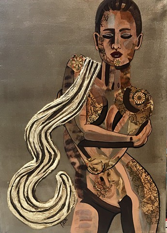 Nude woman with draped fabric and collaged body.