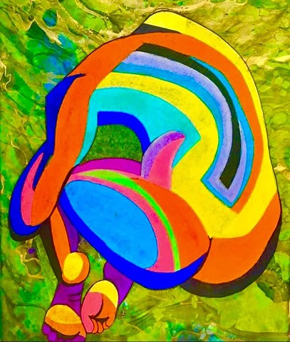 Vivid color painting of back view nude woman in bright multicolor tissue paper.