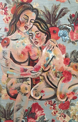 Two nude women consoling each other. Acrylic and tissue paper on fabric.