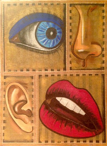 Depiction of four senses. Eye, Ear, Nose and mouth.