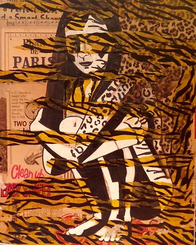 Collage/Painting of nude woman with animal print. Tisssue paper and antique newsprint with text
