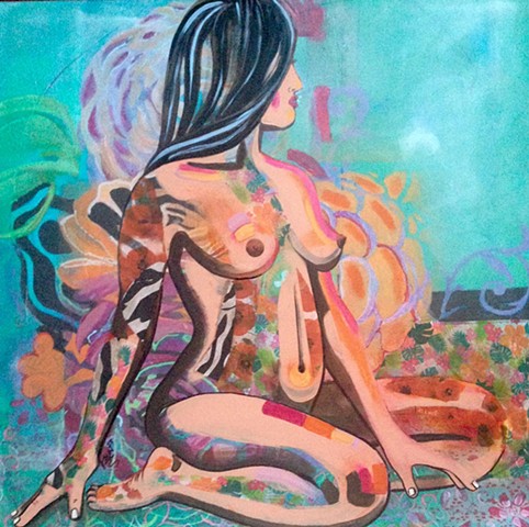 Portrait of a seated nude woman done in aqua shades.