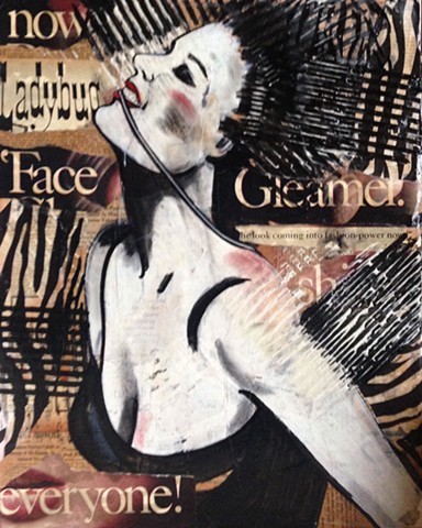 Sexually suggestive Portrait of a woman on antique newspaper with text.