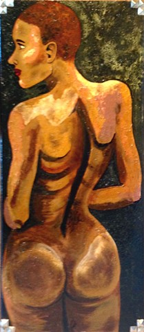 Portrait of a black nude from back view. On textured board.