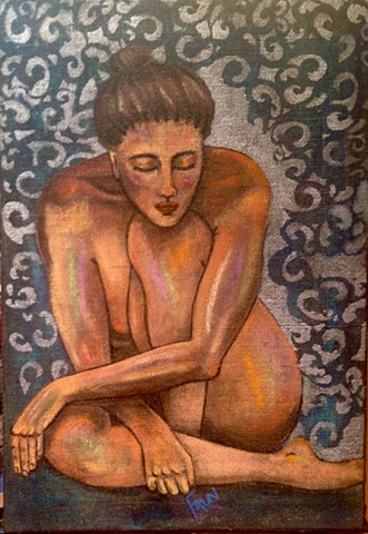 Nude portrait of a woman on burlap.