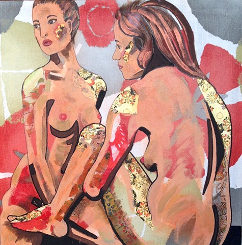 Two nude women in shades of light red and light green with tattoo imaging on body.