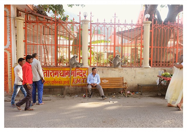 'two monkeys & man sitting nonchalantly, Rishikesh' 