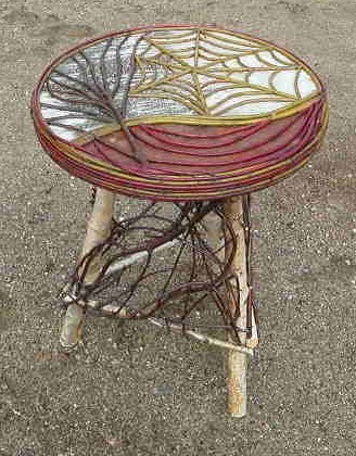 Round Table Mosaic Birch Bark & Natural Twig Spider Web Design - 24" h