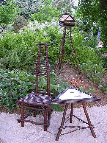 Twig Side Chair, Alder & Birch Side Table, Birch & Twig Bird House