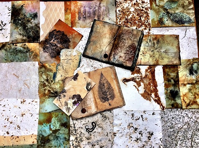 Handmade papers created with raw agricultural materials, abaca and cotton pulp.  Botanical contact prints created with leaves, agricultural raw materials and flowers.  Natural botanical pigments for staining and painting.  