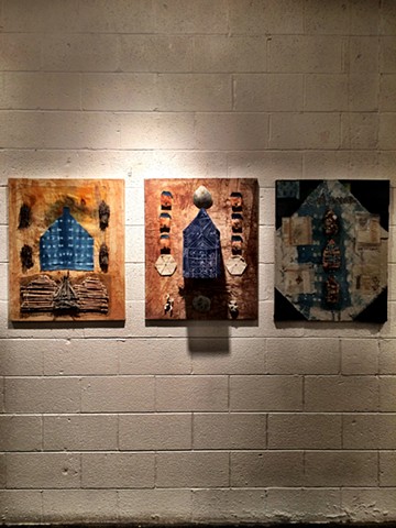 The Big House, Triptych, 2018
Handmade papers, Indigo, natural dyes, cotton, linen, raw agricultural materials, recycled vintage book fabric and book covers, rust, hand stitching.
