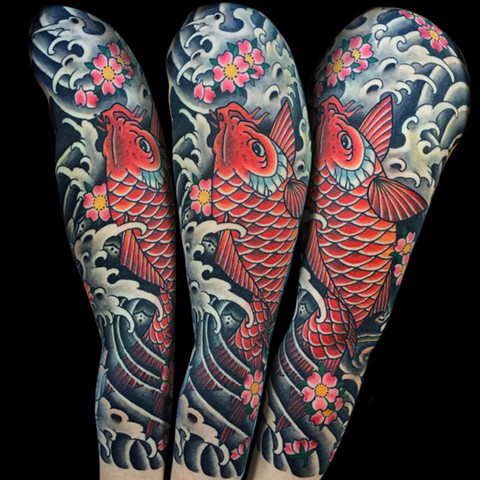 Koi Fish Tattoo Half Sleeve  by Fran Massino at stay humble tattoo company in baltimore maryland the best tattoo shop and artist in baltimore maryland specializing in Japanese tattoo