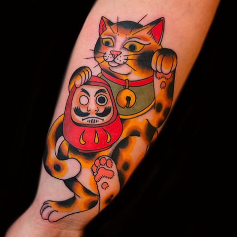 Japanese lucky cat tattoo  by Fran Massino at stay humble tattoo company in baltimore maryland the best tattoo shop and artist in baltimore maryland specializing in Japanese tattoo