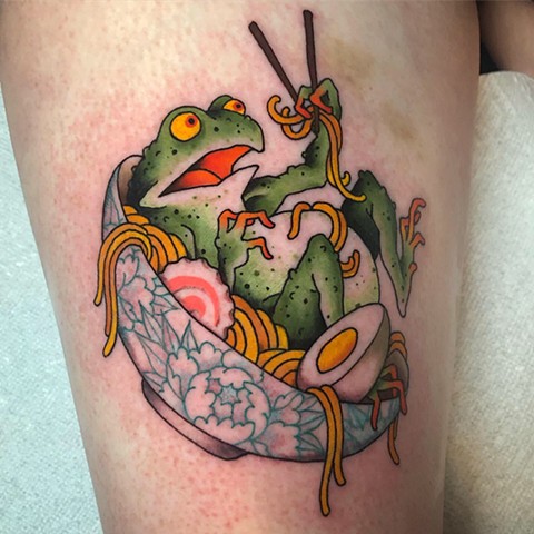 Frog and Ramen tattoo  by Fran Massino at stay humble tattoo company in baltimore maryland the best tattoo shop and artist in baltimore maryland specializing in Japanese tattoo