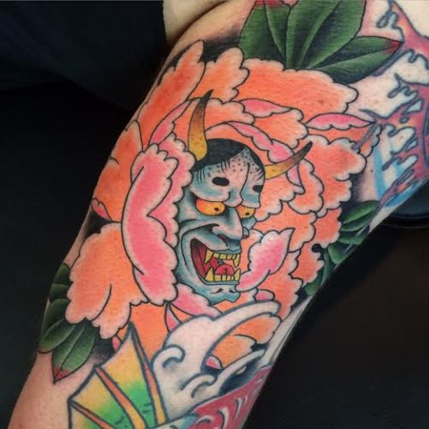 Japanese Flower and Hannya Mask Tattoo done by Fran Massino Maryland Tattoo Artist