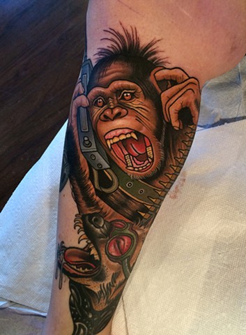 chimpanzee tattoo by tattoo artist dave wah at stay humble tattoo company the best tattoo shop in baltimore maryland