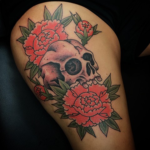 Japanese Peony and Skull  by Fran Massino at stay humble tattoo company in baltimore maryland the best tattoo shop and artist in baltimore maryland specializing in Japanese tattoo