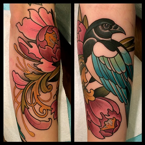 magpie and flower tattoo by Dave Wah