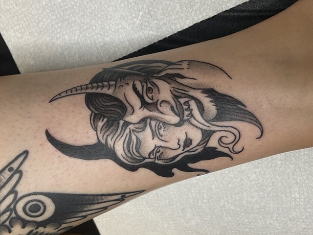 Devilish lady mask tattoo by Alecia Thomasson