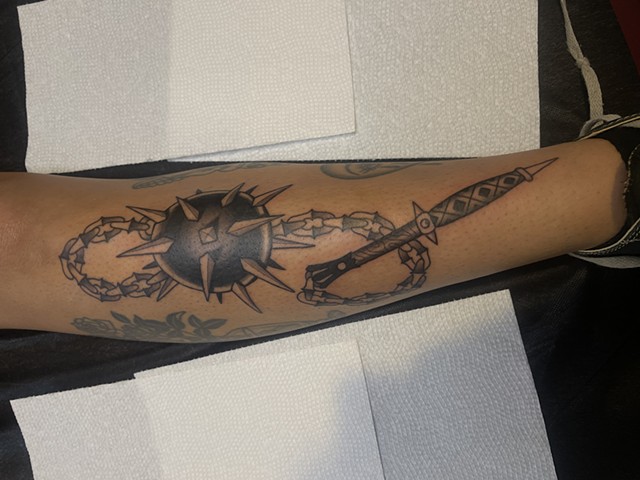 Flail mace tattoo by Alecia Thomasson