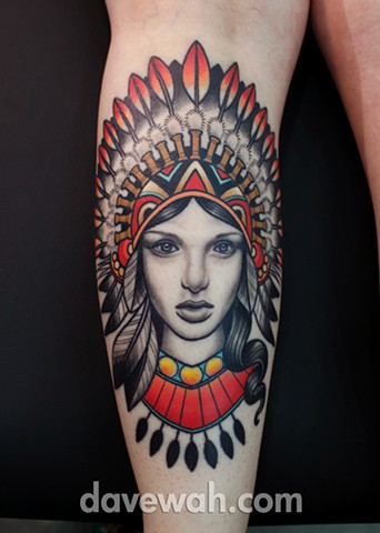 girl with indian headdress tattoo by dave wah at stay humble tattoo company in baltimore maryland