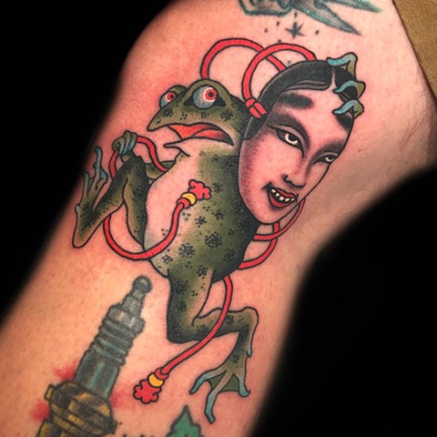 Frog and Noh Mask  by Fran Massino at stay humble tattoo company in baltimore maryland the best tattoo shop and artist in baltimore maryland specializing in Japanese tattoo