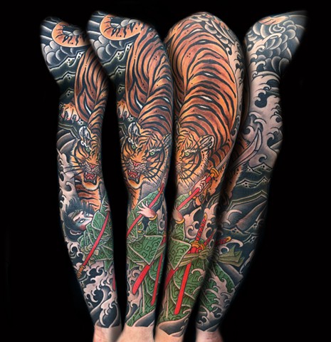 Japanese Tiger and Samurai Sleeve  by Fran Massino at stay humble tattoo company in baltimore maryland the best tattoo shop and artist in baltimore maryland specializing in Japanese tattoo