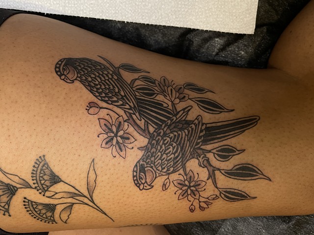 Parakeet tattoo by Alecia Thomasson