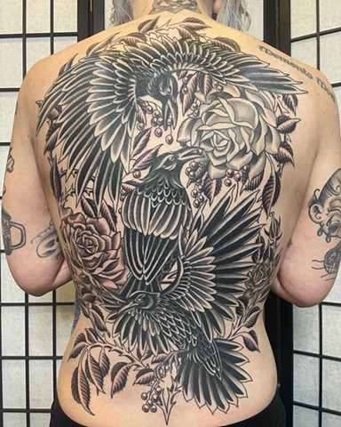 Ravens with roses back piece tattoo by Alecia Thomasson 