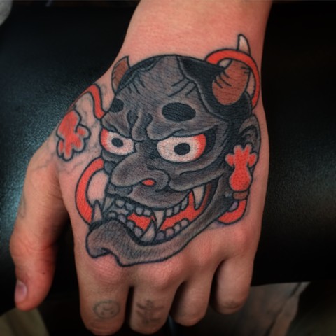 Japanese hannya Mask tattoo  by Fran Massino at stay humble tattoo company in baltimore maryland the best tattoo shop and artist in baltimore maryland specializing in Japanese tattoo