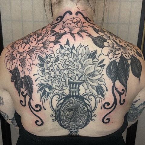 Koi vase framed with floral coverup tattoo by Alecia Thomasson
