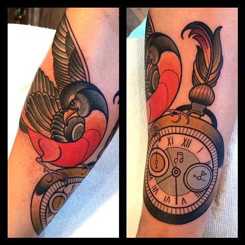 Bird and watch tattoo by Dave Wah