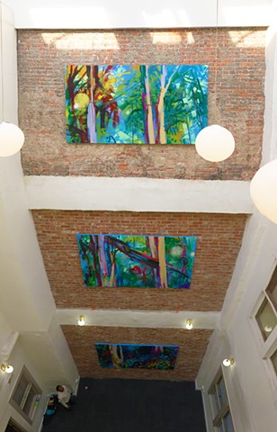 A commission for the inner atrium of the Schultz Building, NW corner of 4th and Main Street in Lafayette, IN.  Each panel of the vertical triptych is installed on a different floor in the space, and can be seen from windows at each level.