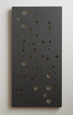A low-relief, painted wood wall-hung sculpture done in the manner of post-minimalism, geometric abstraction. "We are living in a leaderless world." Robert Fields, 2016, Chicago, IL. 