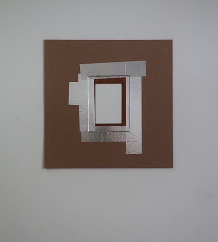 Robert Fields, Contemporary conceptual art. "Past/Present" 2020. Aluminum foil self-adhesive tape and graphite on chip, stencil and corrugated boards. 16" x 16". 